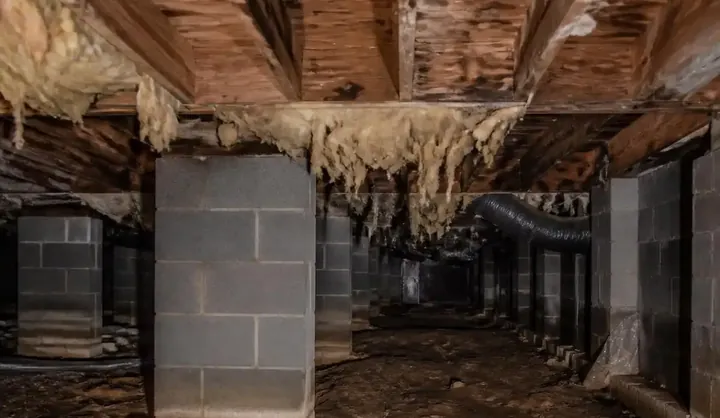 Damp crawl space with exposed soil before encapsulation in Charleston, SC