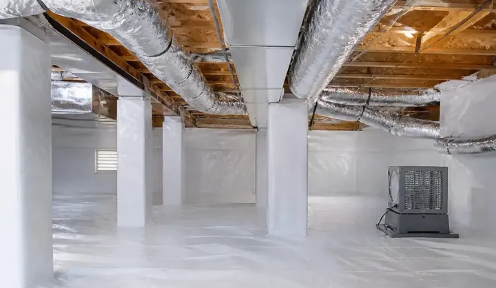 Completed crawl space encapsulation in Charleston, SC with sealed liner and dehumidifier